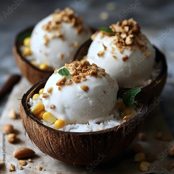 Obraz Three Scoops of Thai Coconut Ice Cream with Sticky Rice, Corn, and Peanuts
