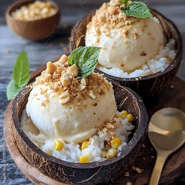 Fototapeta Premium Thai Ice Cream with Sticky Rice, Corn, and Peanuts Served in Coconut Shell