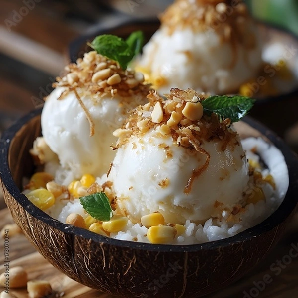 Fototapeta Thai Coconut Ice Cream with Sticky Rice, Corn, and Peanuts Served in Coconut Shell 