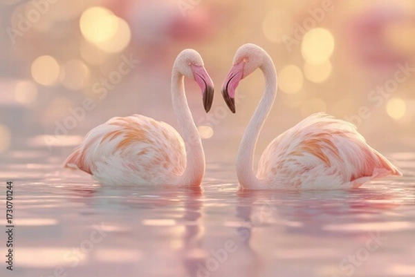 Fototapeta two flamingos performing a love dance in shallow water, Golden hour light reflecting on water surface
