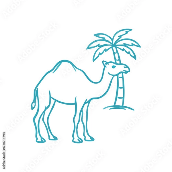 Fototapeta Desert Camel and Palm Tree Design. Stylized graphic depicting a hardy dromedary beside an iconic tropical plant. This serene emblem evokes exotic journeys, symbolizing resilience and tranquility.