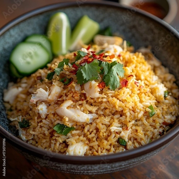 Fototapeta Spicy Thai Crab Fried Rice (Khao Pad Pu) with Lime and Fresh Cilantro Garnish