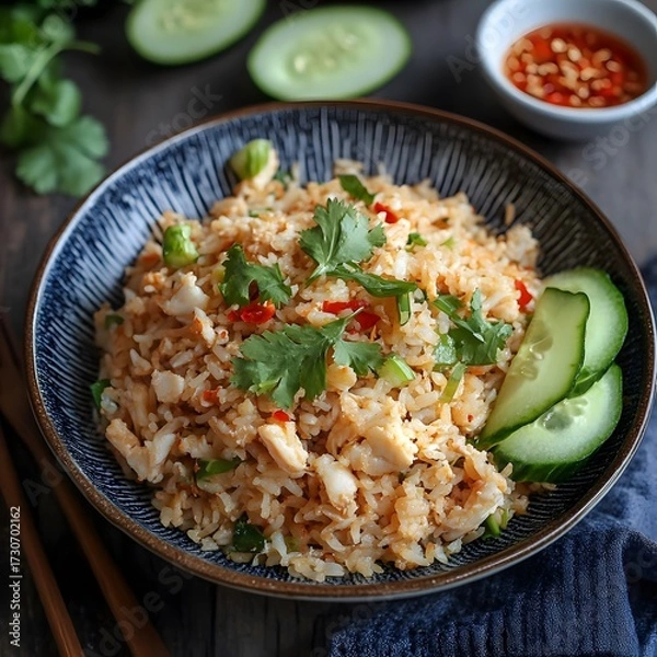 Fototapeta Authentic Thai Crab Fried Rice (Khao Pad Pu) with Cucumber and Chili Dip