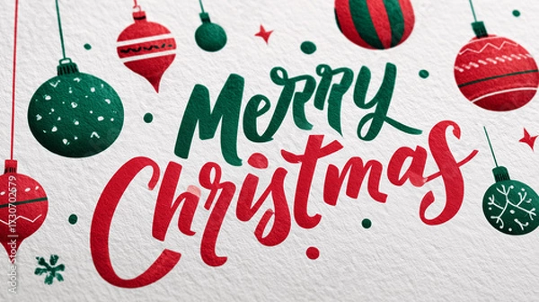 Fototapeta Christmas greeting card with colorful ornaments and festive typography  