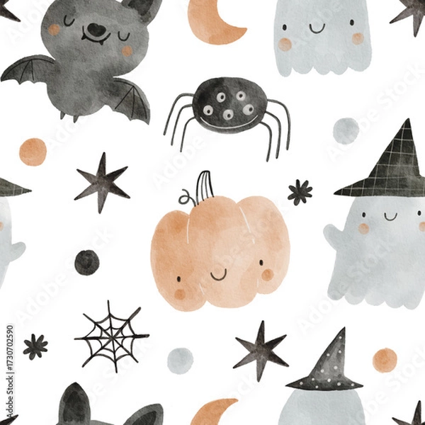Fototapeta Cute watercolor halloween for kids in boho style. Watercolor elements on a white background. Cute hand drawn bat, stars, pumpkin, moon, ghost seamless pattern