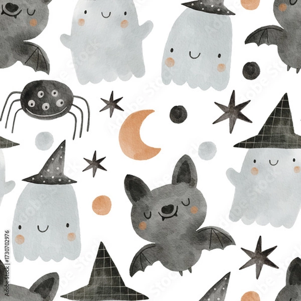 Fototapeta Cute watercolor halloween for kids in boho style. Watercolor elements on a white background. Cute hand drawn bat, stars, pumpkin, moon, ghost seamless pattern