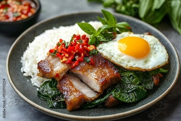 Fototapeta Thai Crispy Pork Belly (Moo Krob) with rice, chili, and fried egg