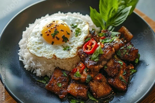 Fototapeta Premium Thai Pad Krapao Crispy Pork with fried egg and dark sauce