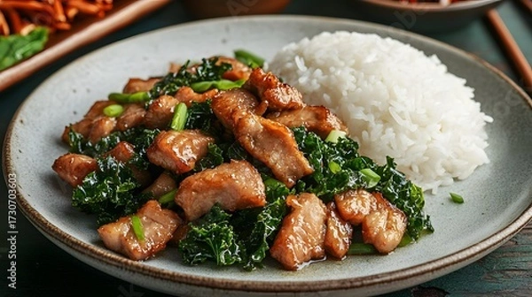 Fototapeta Stir-fried pork or chicken with kale and rice on a light plate