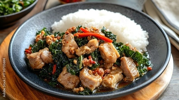 Fototapeta Authentic Thai Pad Krapao (Stir-fried Basil) with pork and rice