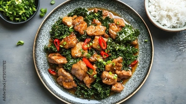 Fototapeta Stir-fried chicken and dark green leafy vegetables with rice, top view