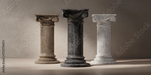 Obraz Three miniature fluted columns in beige, gray, and white, arranged on a light beige surface against a neutral backdrop, illuminated by soft light