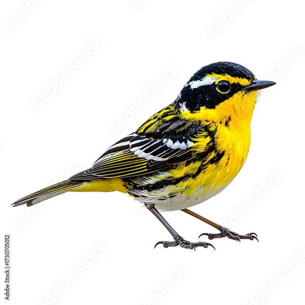 Obraz Yellow-throated Warbler perched elegantly showcasing vibrant yellow and black plumage, detailed feathers, sharp beak, and striking eye features, isolated on transparent background, png (2)