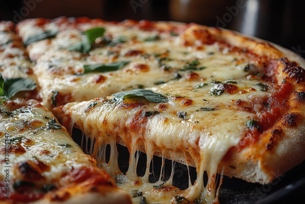 Fototapeta peperroni cheese pizza, macro shot, cheese pull of a slice, focus on the cheese and vibrant toppings