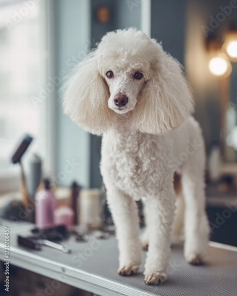 Fototapeta freshly groomed poodle standing on a grooming table in a salon, Indoor setting with bright even lighting