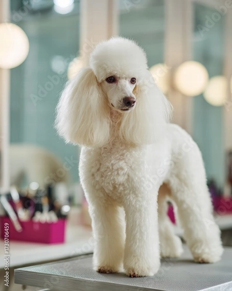 Fototapeta freshly groomed poodle standing on a grooming table in a salon, Indoor setting with bright even lighting