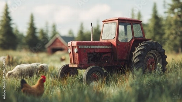 Fototapeta red tractor parked in a grassy field surrounded by farm animals including cows, chickens, and sheep, Bright natural daylight with soft shadows