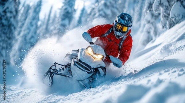 Fototapeta snowmobiler carving through deep snow in the backcountry