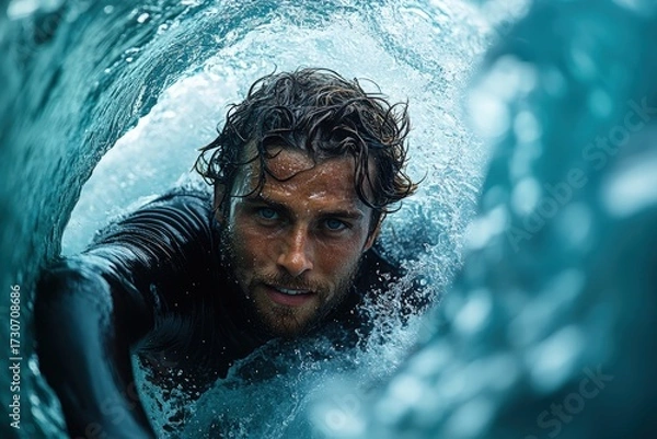 Fototapeta surfer riding the barrel of a massive wave with confidence