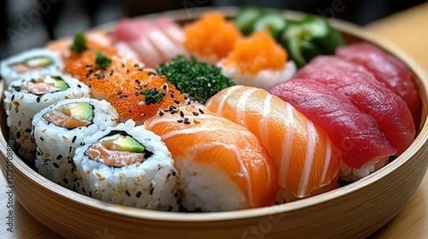Fototapeta sushi platter featuring salmon nigiri, tuna sashimi, and California rolls, garnished with wasabi, pickled ginger, and soy sauce on the side