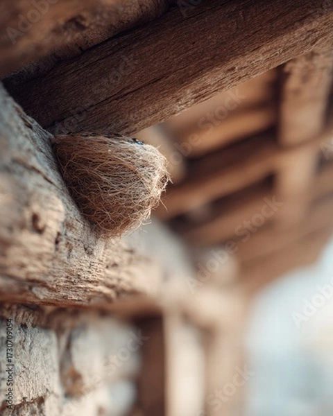 Fototapeta swallow nest attached to a wooden beam under a roof, Natural daylight with soft shadows