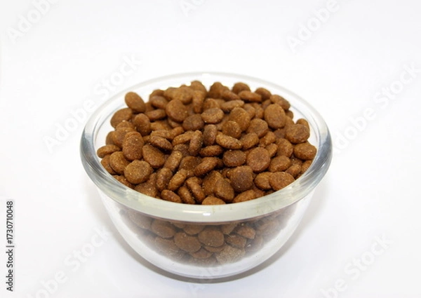 Fototapeta Dry balanced food for cats or dogs in a glass round bowl on a white background isolated.