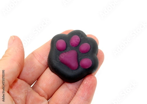 Fototapeta A trendy anti-stress toy, a black cat paw with purple pads, lying in a hand on a white background.