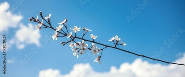 Fototapeta Delicate white blossoms on a slender branch against a vibrant blue sky and fluffy white clouds, spring,  delicate
