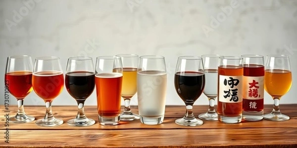 Fototapeta Elegant sake glasses filled with various types of sake, arranged on a rustic wooden table against a light backdrop,   variety,  minimalist