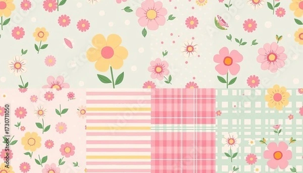 Fototapeta Cute seamless spring patterns featuring primitive flowers, polka dots, stripes, and plaid in pastel colors, primitive, spring floral