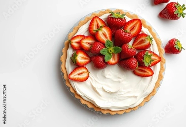 Fototapeta Strawberry pie cake, top view, flat lay Fresh strawberries, crust, cream filling,   baking ingredients,  dessert table