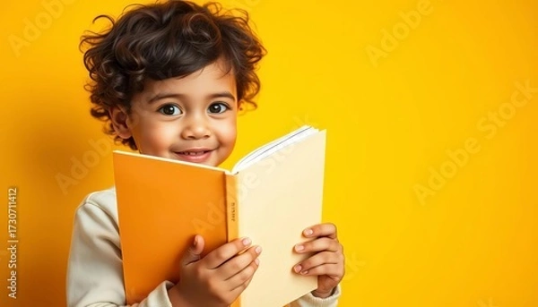 Fototapeta A curious child holds a bright book against a sunny yellow backdrop,  background,   education concept