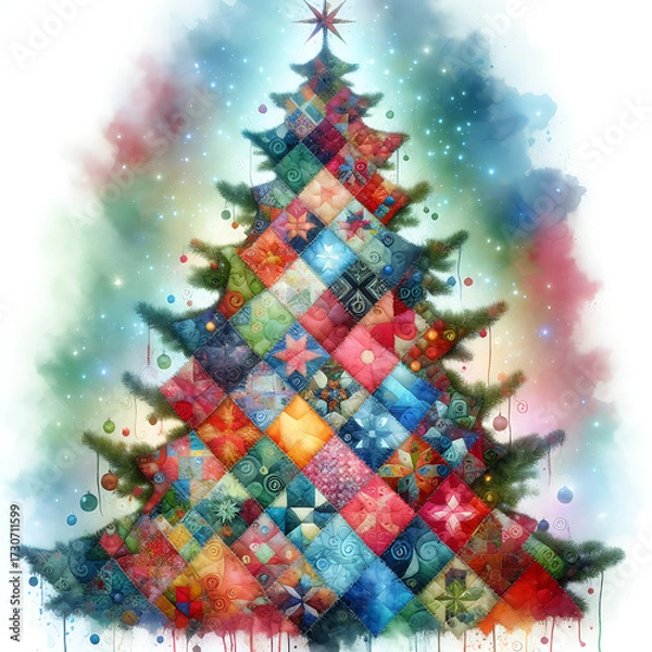 Fototapeta Patchwork christmas tree. Cute folk holiday colorful illustration isolated on white background
