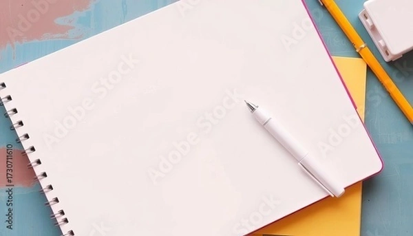 Fototapeta Empty notebooks, white pen, stationery mockup,  tools,  mockup