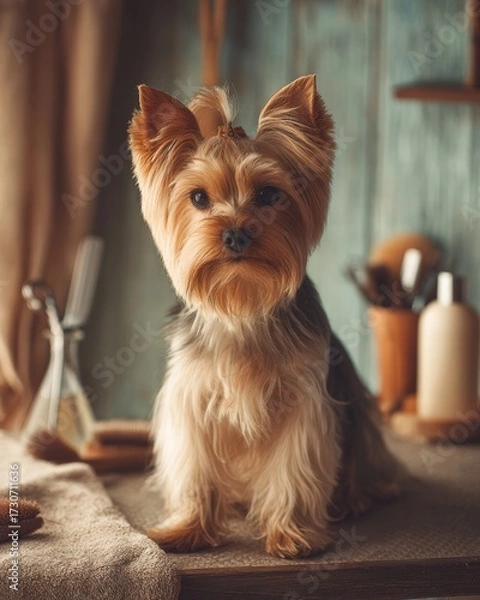 Fototapeta freshly groomed Yorkshire Terrier sitting on a grooming table, Indoor studio lighting with soft highlights