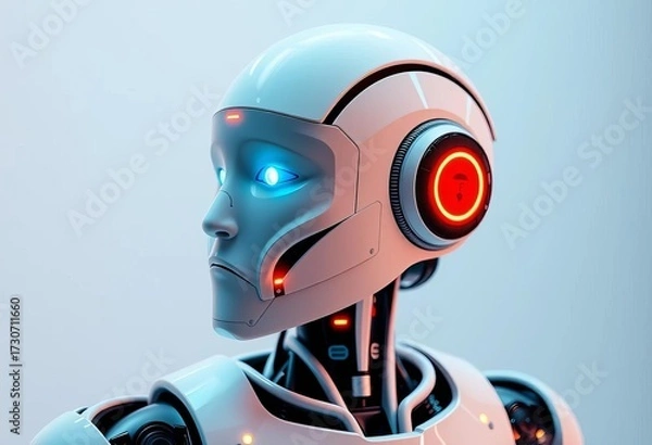 Fototapeta Sleek AI robot, advanced technology, futuristic design, empty space,  empty,  metallic