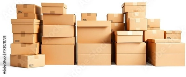 Fototapeta Stacked brown cardboard boxes, various sizes, clean white background,  material,  empty