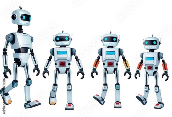 Fototapeta Repeating pattern of four stylized robots in various walking poses on white background,  cog,  texture