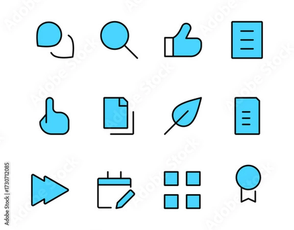 Fototapeta Blue Outline Icon Set Home, Chat, Search, Like, Document, Nature Leaf, File, Calendar, Menu Grid, Play, and Award Badge