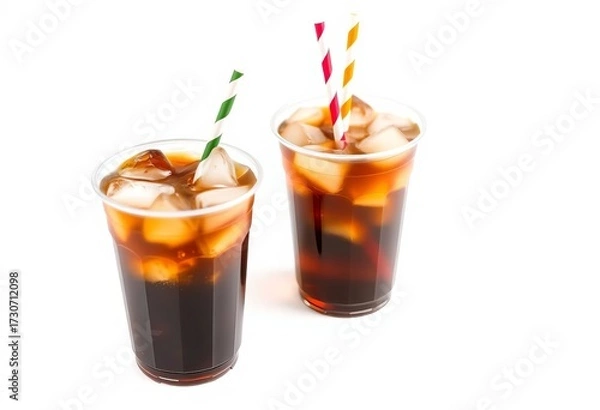 Fototapeta Two plastic cups filled with cola, ice, and striped straws, isolated on white,   quench,  liquid
