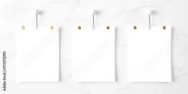 Fototapeta Three empty paper frames hang on pegs against a white marble wall, sheet, mockup