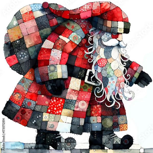 Fototapeta Abstract folk Santa Claus with bag going,  playful winter watercolor illustration