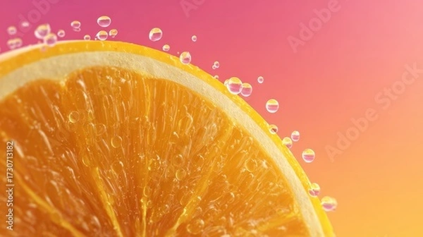 Fototapeta Floating slice of orange with juice droplets