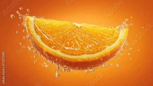 Fototapeta Floating slice of orange with juice droplets