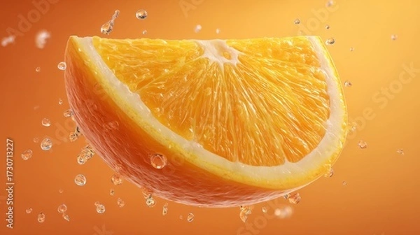 Fototapeta Floating slice of orange with juice droplets