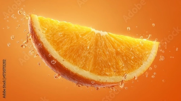 Fototapeta Floating slice of orange with juice droplets