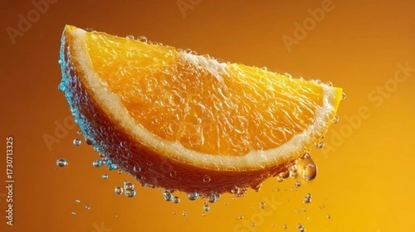 Fototapeta Floating slice of orange with juice droplets