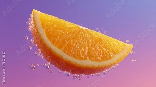 Fototapeta Floating slice of orange with juice droplets