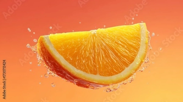 Fototapeta Floating slice of orange with juice droplets