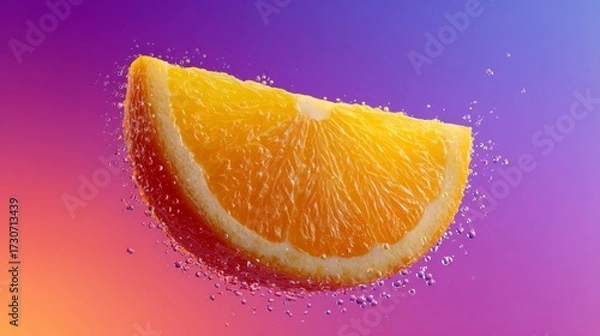 Fototapeta Floating slice of orange with juice droplets